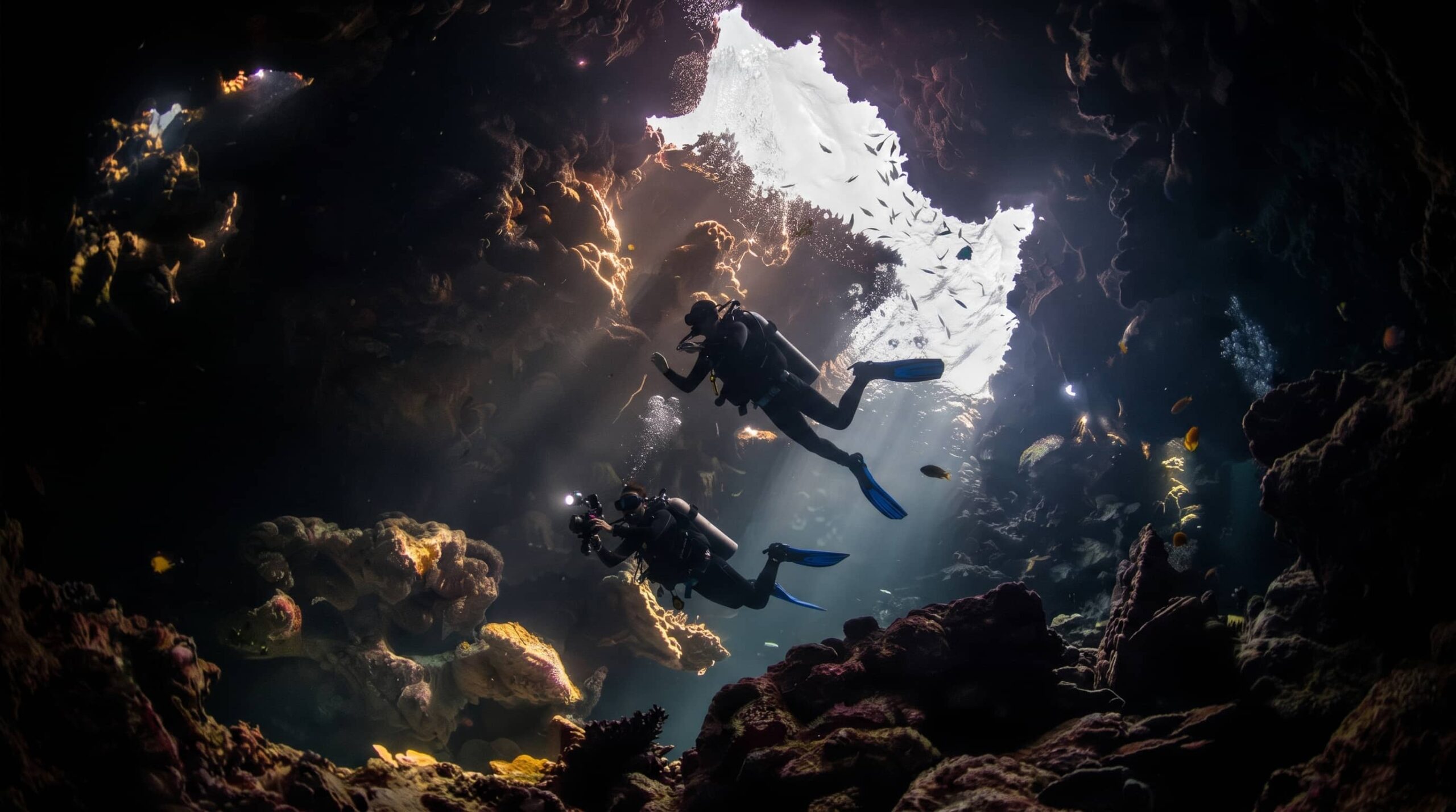Shaab Claudio diving Safaga cave with light beams columns 6m soft coral