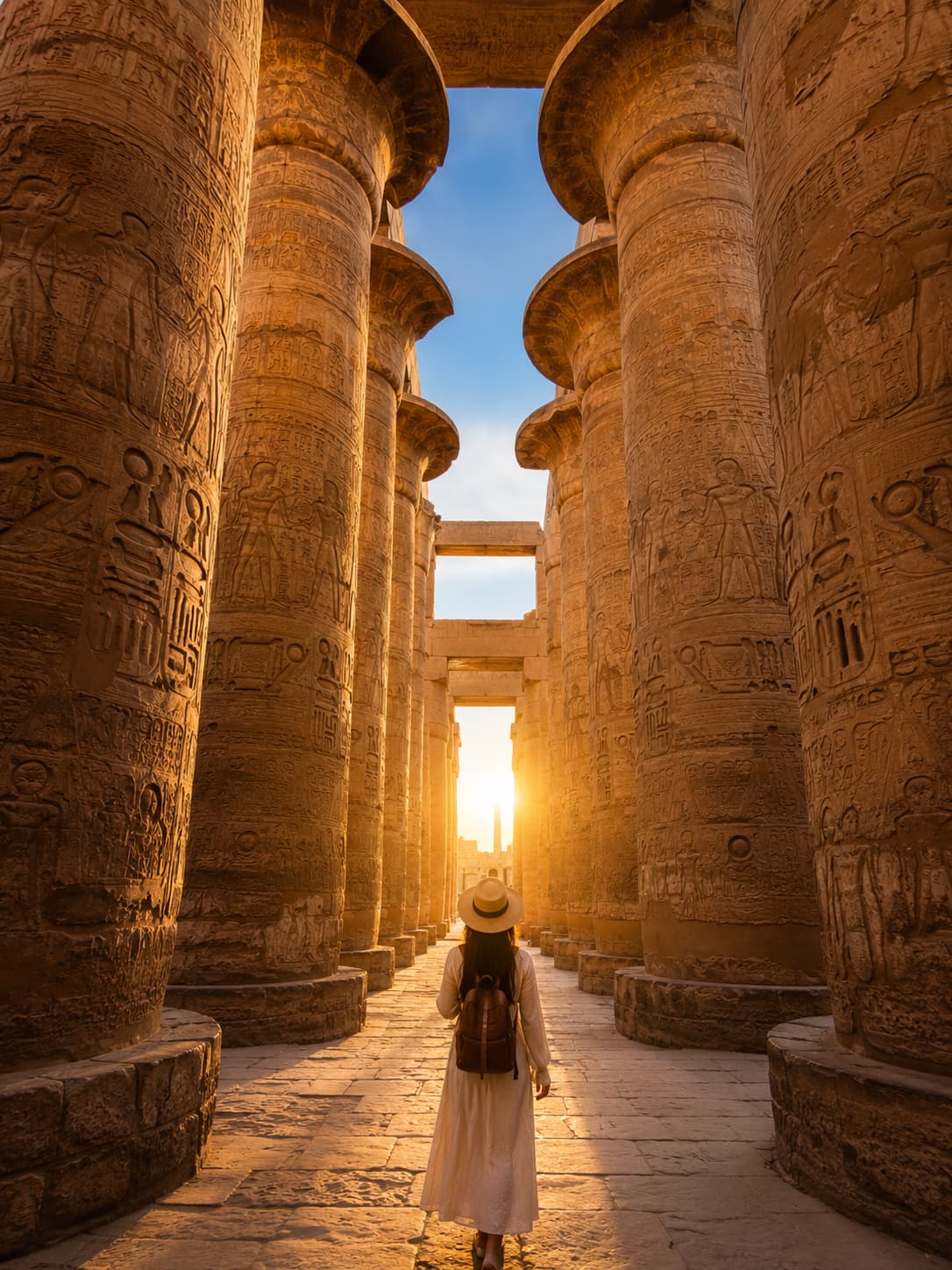 Ancient temple corridor at sunset